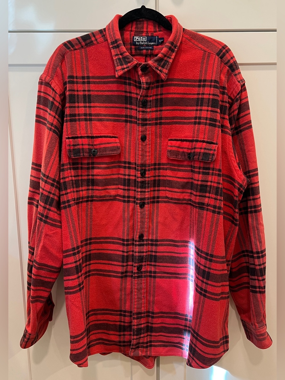 MEN’S VINTAGE POLO RALPH LAUREN PLAID LONG SLEEVE FLANNEL SHIRT, SIZE XXL.